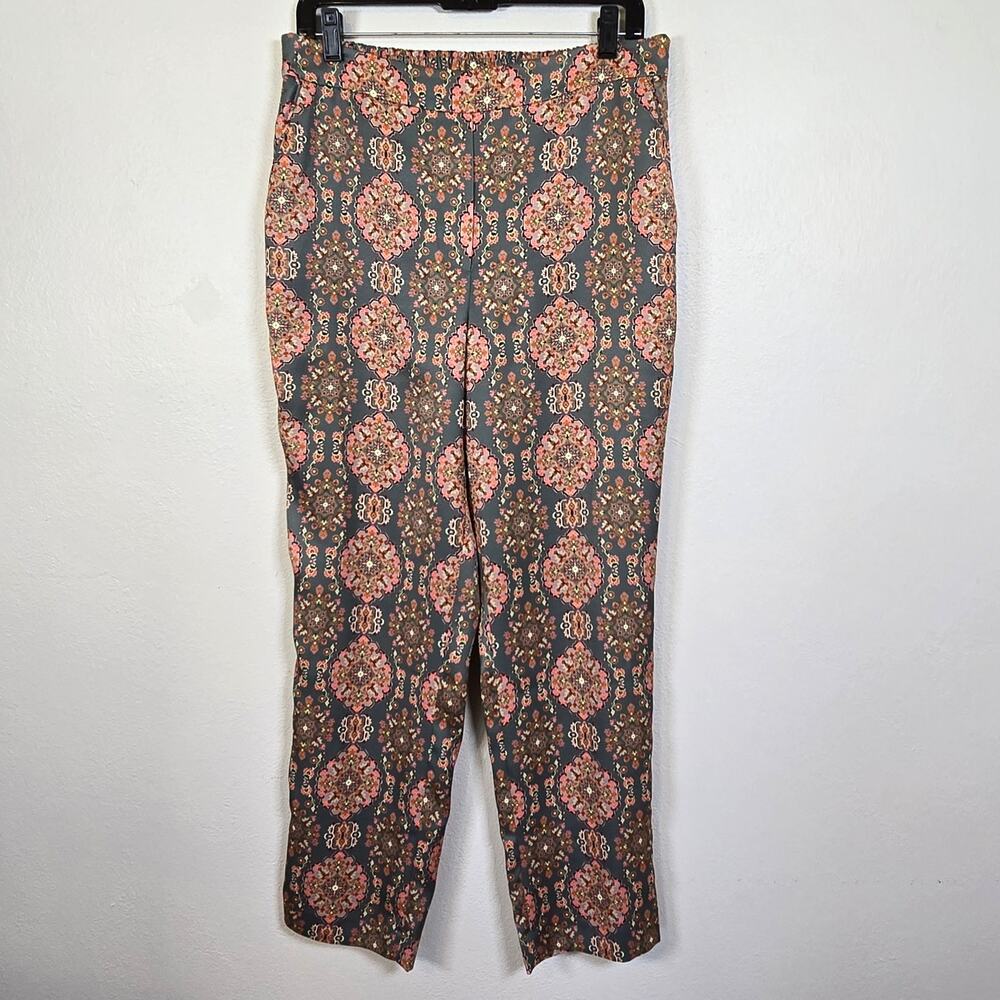 Boden Satin Pull On Pants Women's 10 Sage Gray Multi Medallion Print Classic
